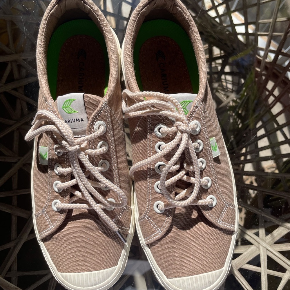 Cariuma Tan and Green Sneakers Classic Canvas Style